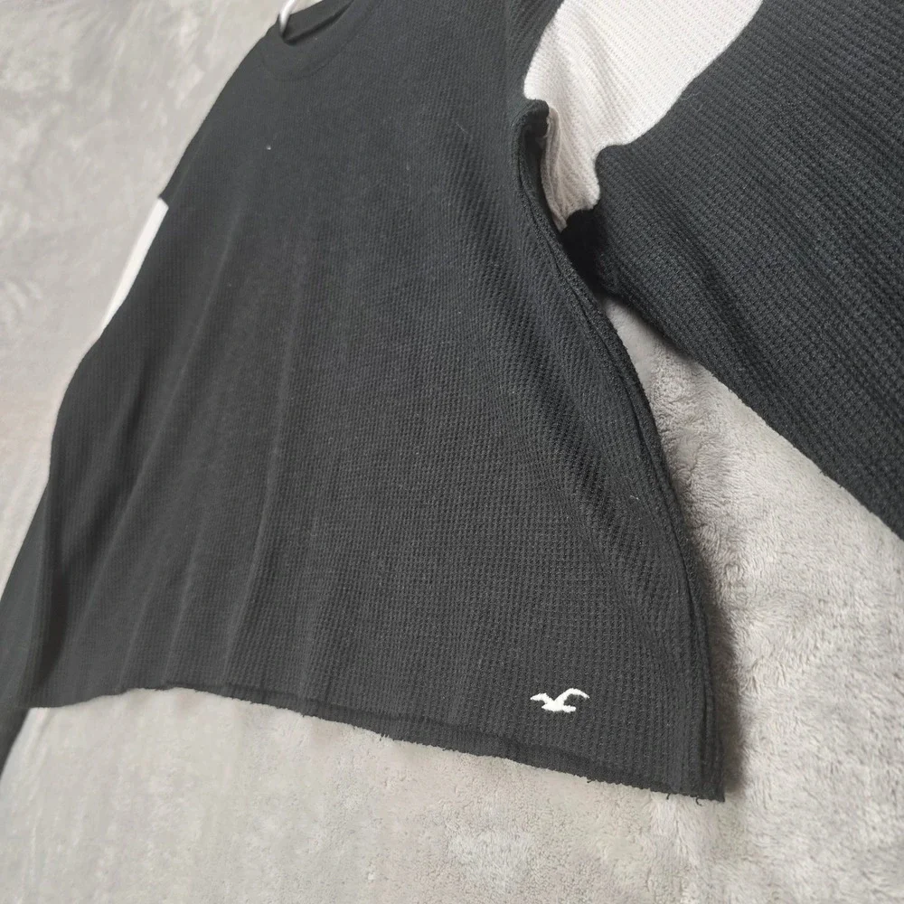 Hollister Womens Black‎ Waffle Knit Boyfriend Tee Long Sleeve Color Block Small